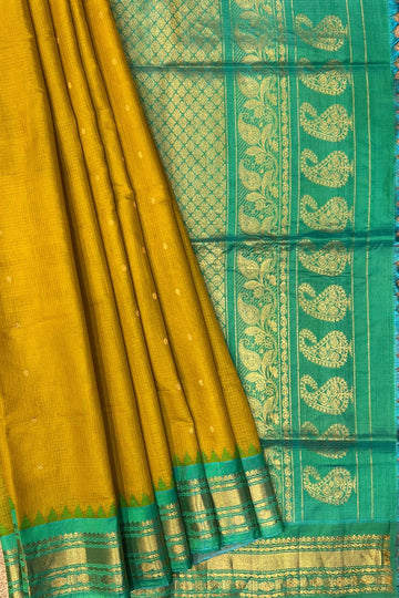 Vibrant Sico Gadwal Handloom Saree – Yellow & Green with Zari Work